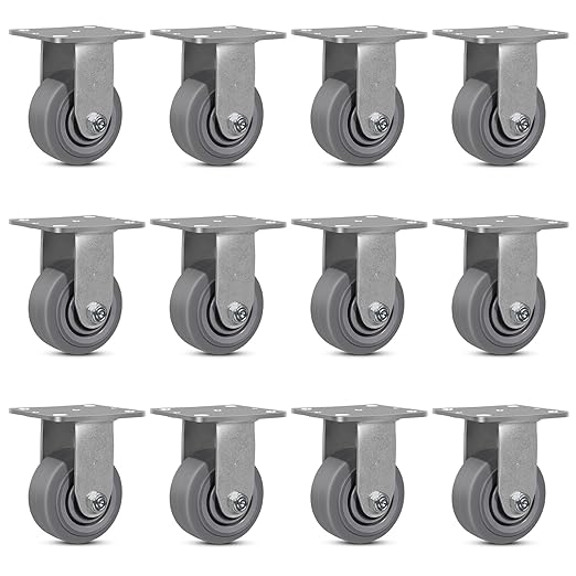 4 Inch Rubber Wheels (Flat Tread)- Heavy Duty Casters, Industrial Caster Wheels- with up to 700 LB Capacity- Use for Dollies, Utility and Maintenance Carts(12 Rigid)