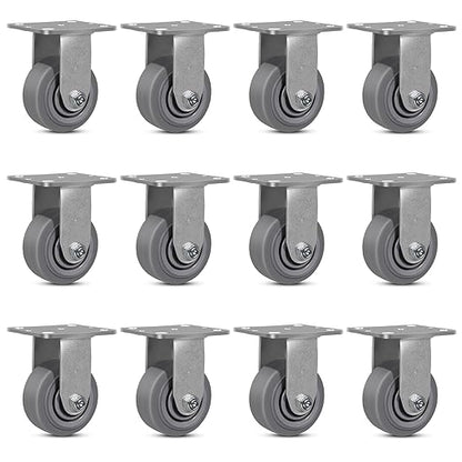 4 Inch Rubber Wheels (Flat Tread)- Heavy Duty Casters, Industrial Caster Wheels- with up to 700 LB Capacity- Use for Dollies, Utility and Maintenance Carts(12 Rigid)