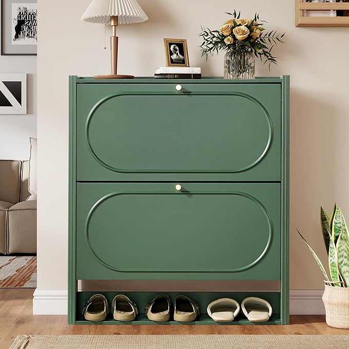 ORRD Shoe Storage Cabinet with 2 Flip Drawers, Wood Narrow Shoe Cabinet for Entryway, Fluted Hidden Shoe Organizer, Freestanding Slim Shoes Cabinets for Foyer, Hallway-Green