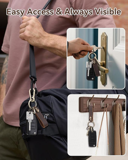 Teskyer Genuine Leather Keychain with Carabiner Clip and Key Ring, Vintage Key Chain Holder for Home/Car Keys