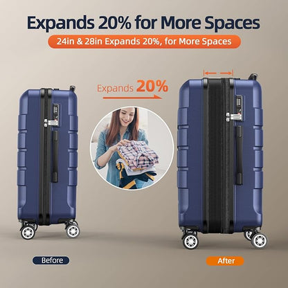 SHOWKOO Luggage Sets Expandable PC+ABS Durable Suitcase Double Wheels TSA Lock Blue