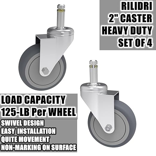 2-Inch Swivel Stem Caster, 7/16-Inch Stem Diameter Rubber Wheel, Thermoplastic Rubber TPR Replacement Wheels for Weber Grill Shop Vac - 4 Pack