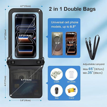 Waterproof Phone Pouch, [Up to 8.5''] Double Space Waterproof Phone Case with Lanyard for iPhone 17 16 15 Pro Max Galaxy S25 Ultra, Cellphone Dry Bag for Beach Vacation, 2 Pack (Black & White)