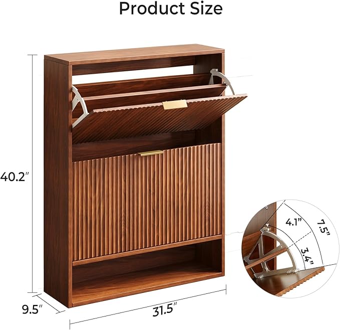 31.5''W Walnut Shoe Storage Cabinet for Entryway with 2 Flip Drawers, Narrow Wood Fluted Shoe Rack Cabinet,Freestanding Slim Shoe Organizer Cabinet for Foyer, Hallway
