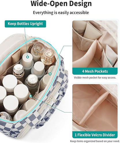 Narwey Large Travel Toiletry Bag, Wide-open Travel Bag for Toiletries, Toiletry Bags for Traveling Women,Cosmetic Make Up Makeup Bag Organizer with Wet Pocket, Skincare Bag (Greyish Blue Checkerboard)