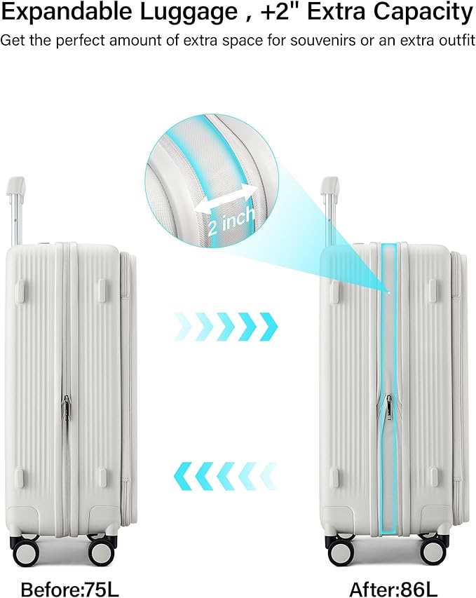 Hanke 24Inch Expandable Luggage Top Opening Medium Checked Luggage Hard Shell Suitcases with Wheels Travel Luggage Rolling Suitcase with Cup Holder(Smoke White)