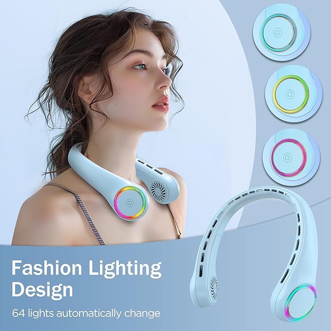 Portable Neck Fan, Personal Fan with 4000mAh Battery, Rechargeable Neck Fan with 3 Speeds and 64 Cool Lights, Birthday Gifts for Men Women Mom Dad, Hands Free Cooling fan for Summer(Blue)