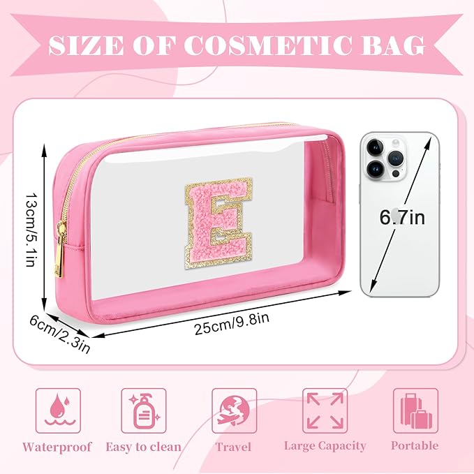 Personalized Initial Letter Clear Makeup Bag,Preppy Small Nylon&PVC Cosmetic Zipper Bag with Chenille Letter,Portable Beach Travel Skincare Toiletry Bag,Trendy Monogram Gift for Teen Girls Women,E