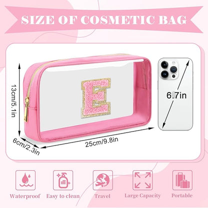 Personalized Initial Letter Clear Makeup Bag,Preppy Small Nylon&PVC Cosmetic Zipper Bag with Chenille Letter,Portable Beach Travel Skincare Toiletry Bag,Trendy Monogram Gift for Teen Girls Women,E