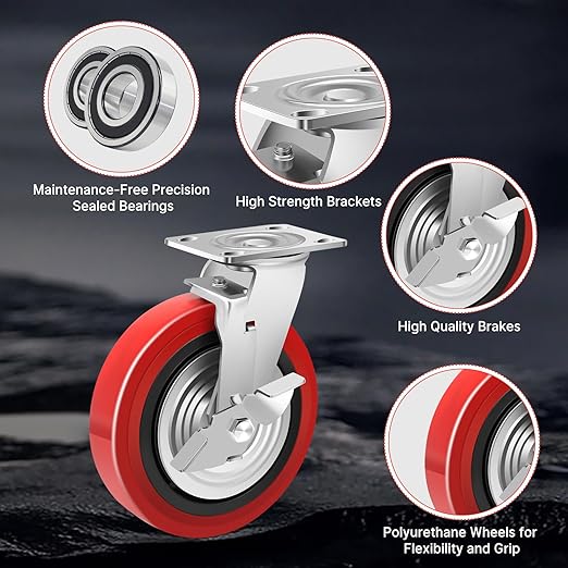 Nefish 8 Inch Heavy Duty Casters Wheels, Industrial Grade Polyurethane Casters Set of 4 with Dual Ball Bearing, Solid Polyurethane Wheel 6000 Lb, Plate Swivel Casters for Cart, Industrial, Machine