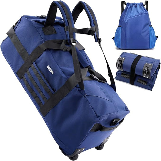80L Rolling Duffel Bag with Wheels,Rolling Garment Bag,Military Tactical Wheeled Foldable Backpack For Deployment Traveling Camping Sporting (Blue+Drawstring bag)