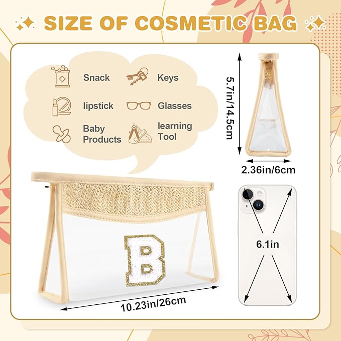 Personalized Initial Letter Bag Boho Straw Clear Makeup Bag,Small Cute Chenille Varsity Letter Bag With Zipper,Beach Travel Toiletry Bag,Portable Monogrammed Cosmetic Bag for Women Girls,B