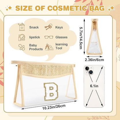Personalized Initial Letter Bag Boho Straw Clear Makeup Bag,Small Cute Chenille Varsity Letter Bag With Zipper,Beach Travel Toiletry Bag,Portable Monogrammed Cosmetic Bag for Women Girls,B