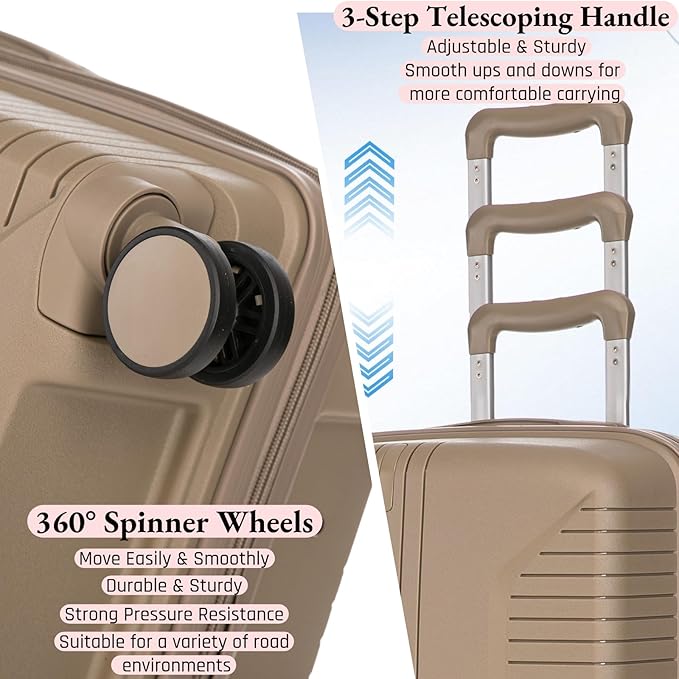 3-Piece PP Hard Shell Spinner Luggage Set (20" 24" 28") with Combination Lock, Adjustable Pull Rod Suitcases, Champagne