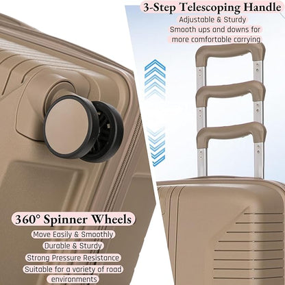 3-Piece PP Hard Shell Spinner Luggage Set (20" 24" 28") with Combination Lock, Adjustable Pull Rod Suitcases, Champagne