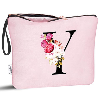Vavabox A-Z Personalized Makeup Bag, Birthday Gifts for Women Mom, Gifts for Best Friend, Bride Bridesmaid Cosmetic bag (Y, Pink)