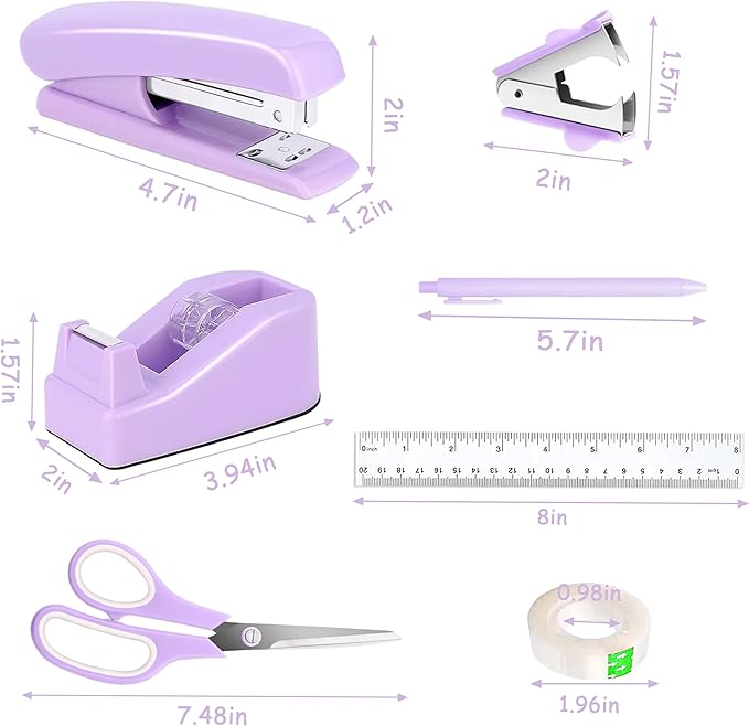 Purple Desk Accessories, Purple Office Supplies Accessories with Tape Dispenser, Stapler, Staple Remover, 1000 Staples, Tape, Clips Set, Ruler, Scissor, Pen