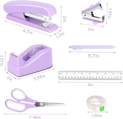 Purple Desk Accessories, Purple Office Supplies Accessories with Tape Dispenser, Stapler, Staple Remover, 1000 Staples, Tape, Clips Set, Ruler, Scissor, Pen