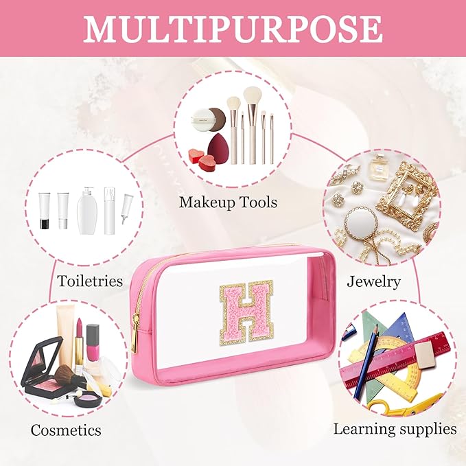 Small Clear Personalized Initial Makeup Bag,Nylon Preppy A-Z Chenille Letter Patch Cosmetic Pouch Beach Toiletry Bag,Waterproof Zipper Travel Purse Storage Bag Organizer for Women Girls(Pink-Pink H)