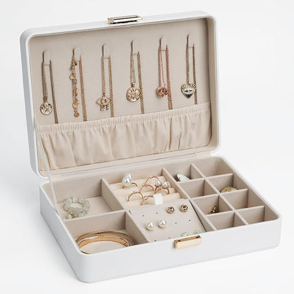 Secure Jewelry Organizer Box with Lock Compact Single Layer Storage for Travel & Home Holds Rings, Earrings, Pendants White