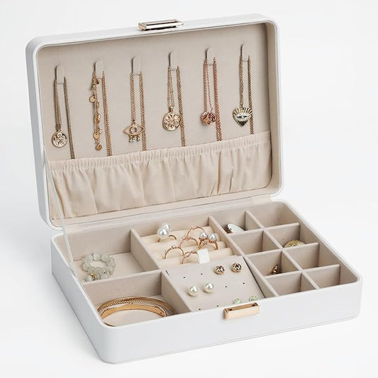 Secure Jewelry Organizer Box with Lock Compact Single Layer Storage for Travel & Home Holds Rings, Earrings, Pendants White