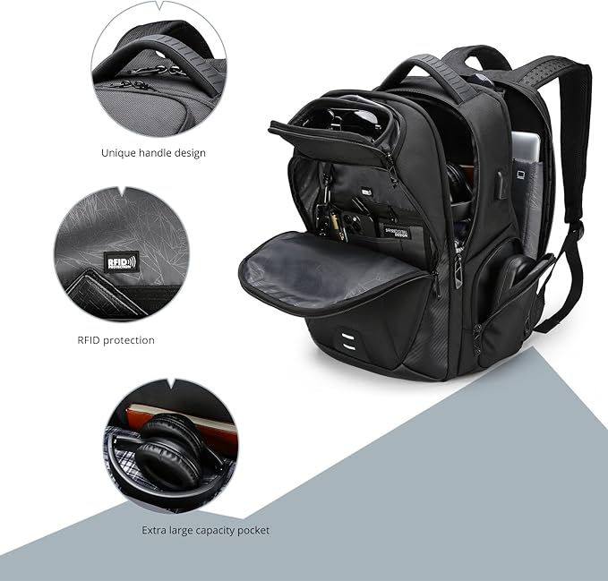 Swissdigital Design Men's Laptop Backpack for College and Business Travel with Integrated USB Charging Port and RFID Protection Fits Laptops up to 15.6 Inch, Black | SD1695-01