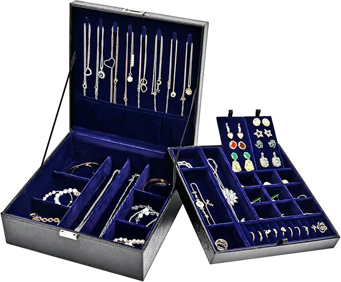 ProCase Jewelry Box for Women, 2 Layers Large Leather Jewelry Organizer Storage Case with Removable Pad for Earrings -Lizardblack