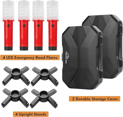 Twinkle Star Emergency Roadside Flares Kit LED Safety Strobe Road Warning Light Highway Beacon Alert Flare with Magnetic Base, Detachable Stand, Solid Storage Case (Set of 4) New