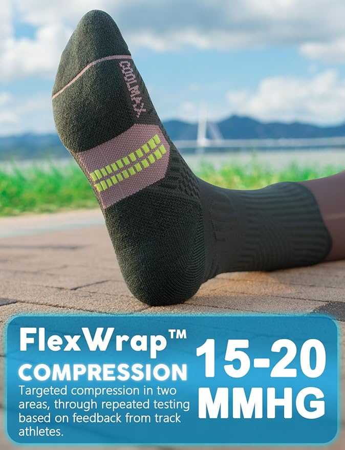 Womens Coolmax Bamboo Viscose Compression Running Crew Socks, Moisture-Wicking Anti-Blister Hiking&Gym Athletic