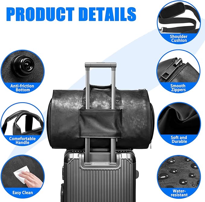 Leather Garment Bag，Convertible Garment Duffel Bag for Travel Mens Suit Bag 2 in 1 Waterproof Foldable Carry on Garment Bag with Shoulder Strap Weekender Bag with Shoe Pouch