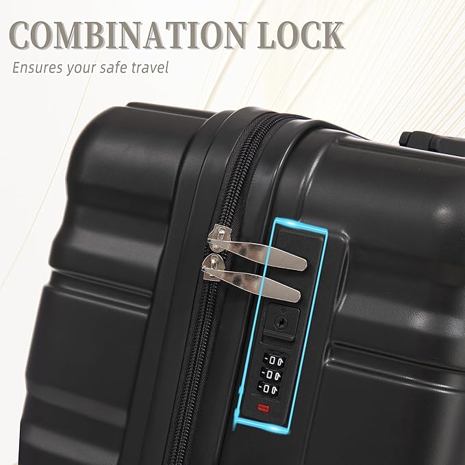 Campfun 3 Piece Luggage Sets, ABS Suitcase Set with Double Spinner Wheels Hang Hook, Durable Carry On Luggage with Combination Lock, 20/24/28 inch, Black