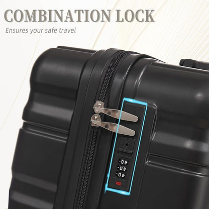 Campfun 3 Piece Luggage Sets, ABS Suitcase Set with Double Spinner Wheels Hang Hook, Durable Carry On Luggage with Combination Lock, 20/24/28 inch, Black