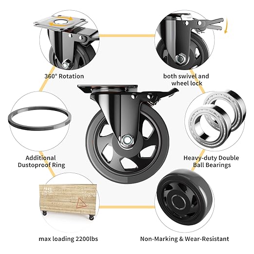 5 Inch Swivel Caster Wheels, Set of 4 Heavy Duty, Locking Industrial Casters with Brake, Black, Stainless Steel, Polyurethane, Double Safety Brakes and 360 Swivel for Maximum Flexibility