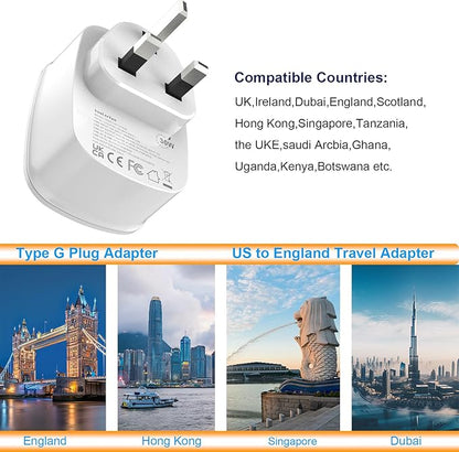 Type G-UK Plug Adapter, VooLerTun Dubai England Travel Adapter with 30W Fast Charge Power Adapter Dual Ports Cell Phone Camera, 1 American Outlet Adapter, US Converter for UK Travel,UK Power Adapter.
