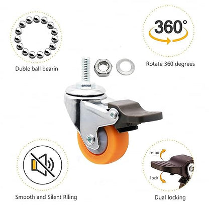 1.5" M6x15 Stem Casters Bolt Threaded Wheels,TPR Mute Rubber Swivel Single Caster Screws in Wheel Small with 2 Brake Locks-Orange