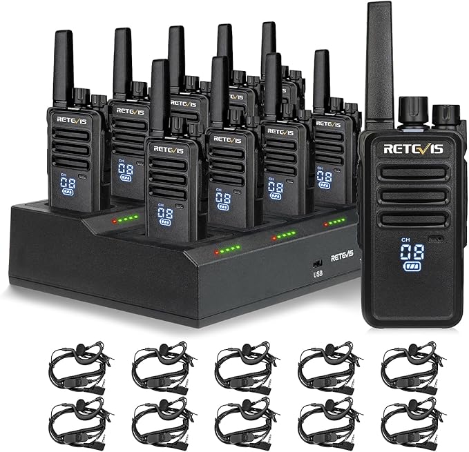 Retevis RT68H 2 Way Radio Long Range, Rechargeable Walkie Talkies with Earpiece, LCD Display, Squelch, 1200mAh, Rugged Two Way Radio(10 Pack with Gang Charger)