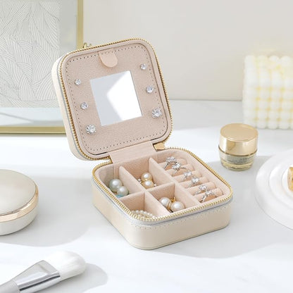Genuine Leather Travel Jewelry Organizer Case with Mirror for Women, Small Mini Portable Jewelry Box for Earring, Ring, Necklace, Bracelet（Cream）