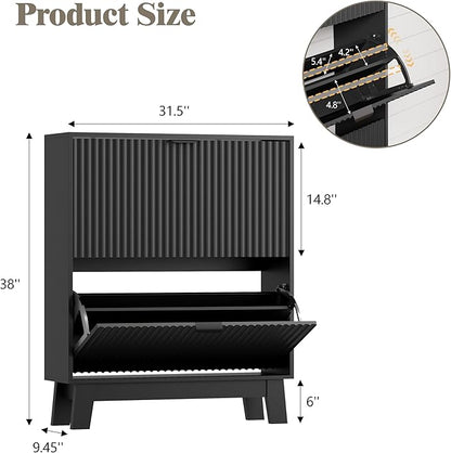 Shoe Cabinet Storage for Entryway with 2 Flip Drawers, Fluted Narrow Shoe Organizer with Wooden Legs, Freestanding Slim Shoe Storage Hidden Shoe Rack Organizer for Front Door Entrance, Black