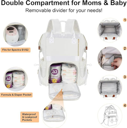 PIIOSER Diaper Bag Backpack with Ice Pack, Large Capacity & Waterproof Baby Travel Backpack Bag for Moms Dads, Insulated Baby Cooler Bag with Changing Pad, Stroller Straps & Pacifier Case, Cream