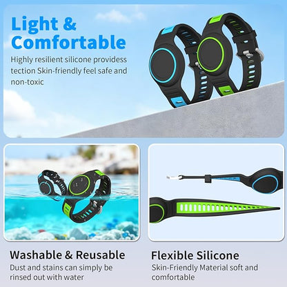 2-Pack Bracelet Compatible with AirTag for Kids, Waterproof Airtag Bracelet Full Coverage Protective Case Design Soft Silicone Hidden Air Tag Holder for Toddler Child Elderly (Blue+Green)