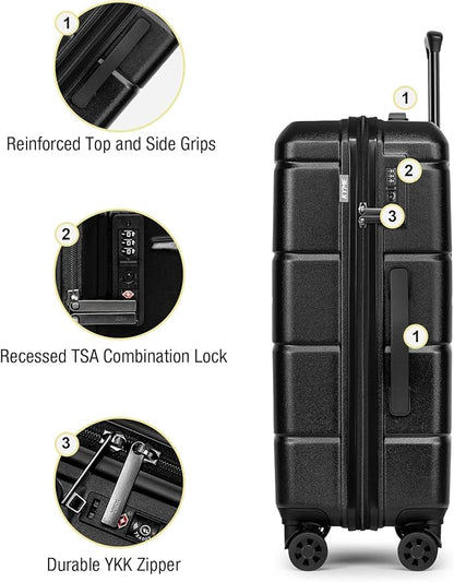 KYME Luggage Sets 2 Piece Suitcase Set Hardshell 20 inch/24 inch Luggage with Spinner Wheels Hardside PC+ABS Checked Large Suitcase with TSA Lock for Men Women Black