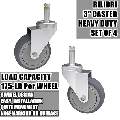 3-Inch Swivel Stem Caster, 7/16-Inch Stem Diameter Rubber Wheel, Heavy Duty TPR Replacement Wheels for Rubbermaid Mop Bucket Cart Grill Casters - 4 Pack