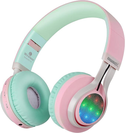 Riwbox WT-7S Bluetooth Headphones Light Up, Foldable Stero Wireless Headset with Microphone and Volume Control for PC/Tablet/TV/Travel (Pink Green)