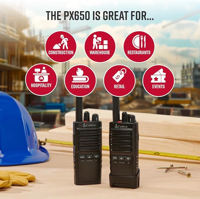 Cobra PX652 Professional Walkie Talkies - Rechargeable, 22 Channels, 300,000 sq. ft/25 Floor Range, Dust Protected & Splashproof (IP54 Rating), Headsets and Chargers Included (2-Pack)