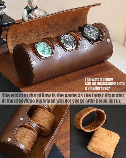 watch box organizer for mens watch case travel roll Portable 3 Watch Display Storage with Velvet Sections to Holder Large Watch (Dark Brown)