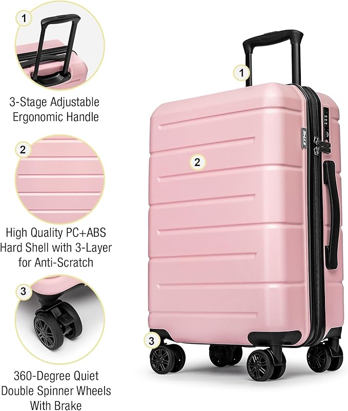 KYME Carry On Luggage 22x14x9 Airline Approved with TSA Lock Hardshell Carry-On Suitcase with Wheels Travel Rolling 22 inch Luggage with Cup Holder for Women Pink