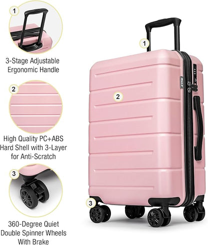 KYME Carry On Luggage 22x14x9 Airline Approved with TSA Lock Hardshell Carry-On Suitcase with Wheels Travel Rolling 22 inch Luggage with Cup Holder for Women Pink