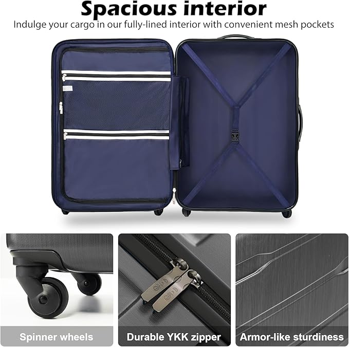 Coolife Luggage PC+ABS Hardshell Suitcase with TSA Lock, Spinner Checked Lightweight (Charcoal, 24in)