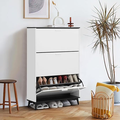 Narrow Shoe Cabinet with 3 Flip Drawers, 47 Inch Tall Freestanding Storage, Farmhouse Style Slim Organizer for Entryway Hallway Closet