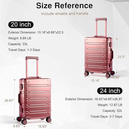 All Aluminum Carry On Luggage 22x14x9 Airline Approved，Zipperless Luggage Premium Aluminum Suitcase Luggage, Hard Shell Carry On Luggage with Spinner Wheels (rose gold, 20inch)